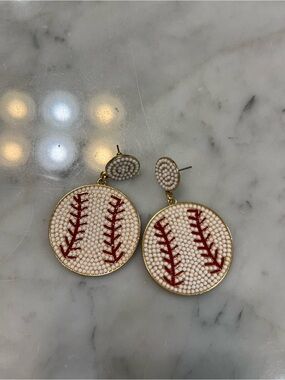 Baseball Stitch Beaded Drop Earrings - White & Red